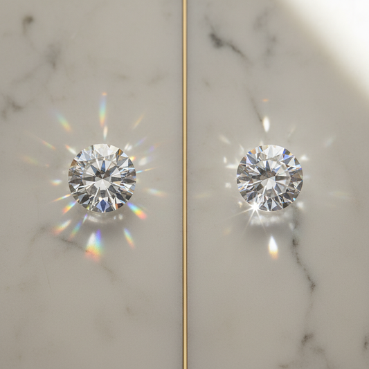 Moissanite vs diamond comparison on marble surface