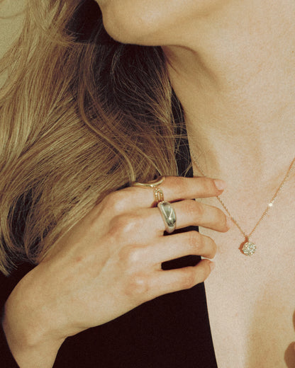 Bold Dome Ring by Goldmacher – 18K gold-plated sculptural ring shown in close-up on model’s hand