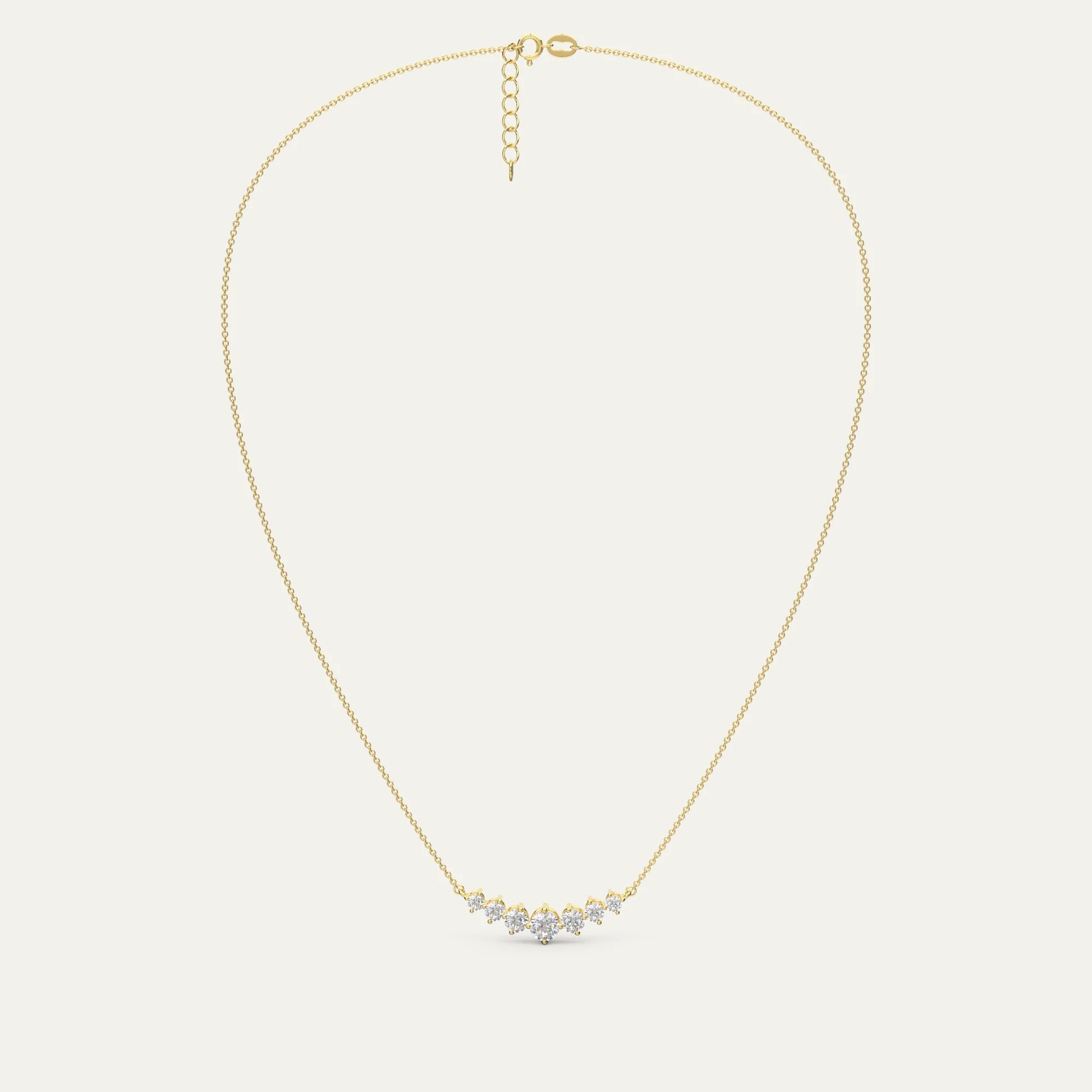 Goldmacher Felis 18k Gold Hypoallergenic Graduated Bar Necklace – 0.5ct Round Moissanite for Sensitive Skin, Lightweight Elegance, or Stacking. tryon-product