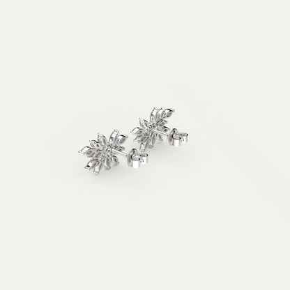 Close-up on Fleur Spark earrings by Goldmacher – floral-shaped sterling silver studs with zircons.