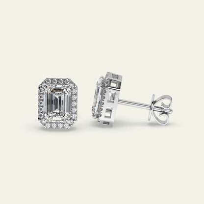 Goldmacher Lyra Hypoallergenic 925 Silver Halo Studs – 1ctw Emerald-Cut Moissanite for Sensitive Skin or Special Occasions.