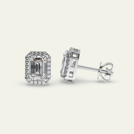 Goldmacher Lyra Hypoallergenic 925 Silver Halo Studs – 1ctw Emerald-Cut Moissanite for Sensitive Skin or Special Occasions.