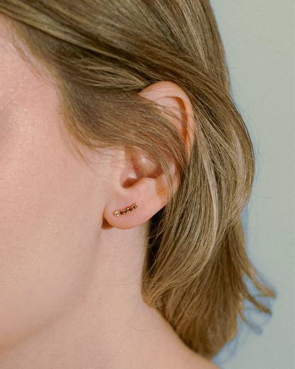 Mocha Mousse Earrings by Goldmacher – 18K gold-plated earrings with champagne and amethyst zirconia shown on model for a soft, elegant look