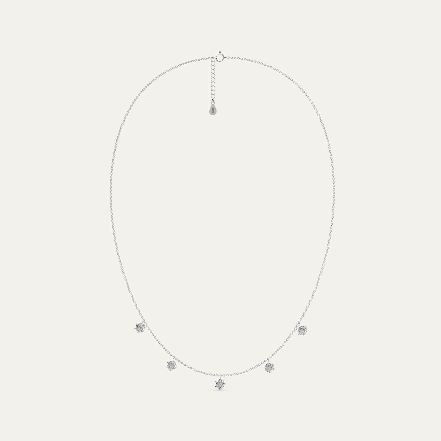 Sterling silver Phoebe necklace by Goldmacher – five round-cut moissanites in minimalist station design. tryon-product