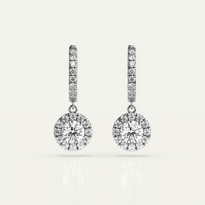 Goldmacher Pollux halo drop earrings with 1ct round moissanite center stone, crafted in 925 sterling silver for elegant occasions