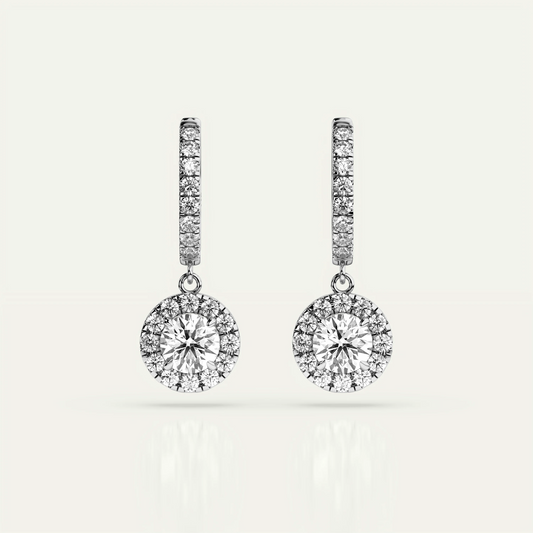 Goldmacher Pollux halo drop earrings with 1ct round moissanite center stone, crafted in 925 sterling silver for elegant occasions