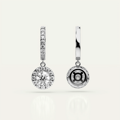 925 silver round moissanite earrings – Goldmacher Pollux 1ct halo drop design with durable sterling silver setting.