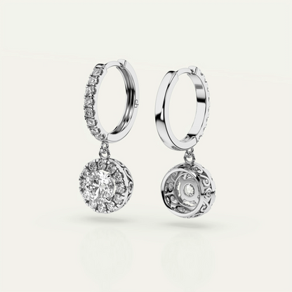 Sparkling 1ct round moissanite halo drop earrings by Goldmacher Pollux – crafted in 925 silver with brilliant-cut stones, ideal as a gift or diamond-alternative jewelry.