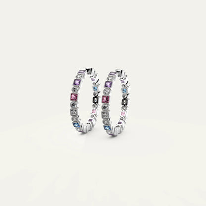 Prism Loop Earrings – 925 Sterling Silver Hoop Earrings with Rainbow Zircon Stones in Round and Square Cuts