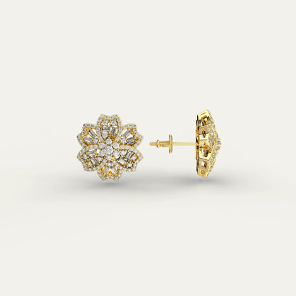 Goldmacher Rosemary 18k Gold-Plated Floral Cluster Earrings – Round and Baguette Moissanite Stones for Timeless Elegance.