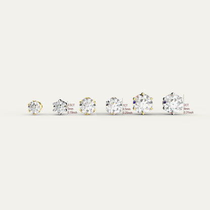  Goldmacher Zenith Moissanite Stud Earrings – Size comparison chart from 0.5CT to 2CT with millimeter and inch measurements
